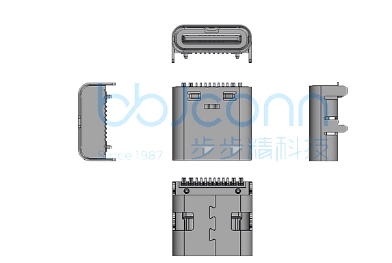 TYPE-C 16P female seat L=8.35 CH=1.67 4 pins on the board with column terminal SMT shell with elastic SMT